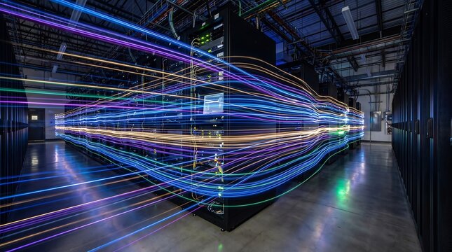 Colorful light trails showing complex network connections inside modern data center server room environment