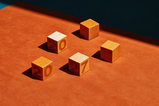 Wooden numeral blocks displaying 2027 scattered on a warm clay surface with long shadows and copy space for a minimal graphic layout