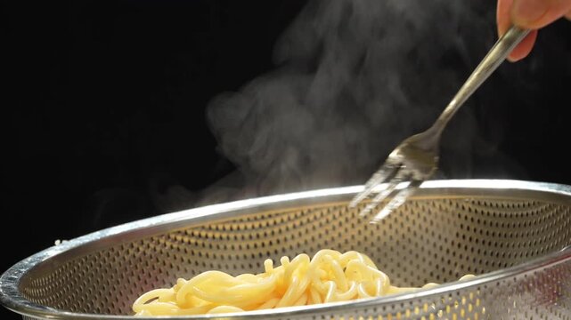 Hand serving hot steaming boiled spaghetti into colander on dark background.