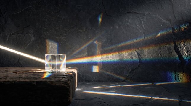 Light refraction through transparent crystal prism creating colorful spectrum beams in dim rocky setting