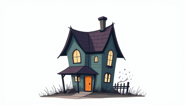 A whimsical haunted house illustration with glowing orange windows and spooky cartoon architecture isolated on white