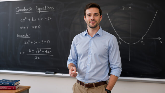 Male math teacher standing in front of blackboard with quadratic equations. Smiling professional educator holding chalk in classroom