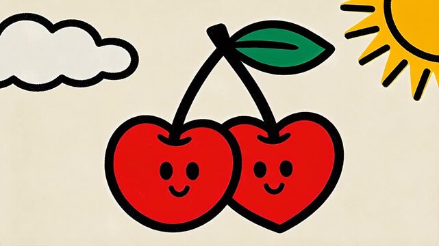 Red smiling cherries with green leaves and a sun on a light background
