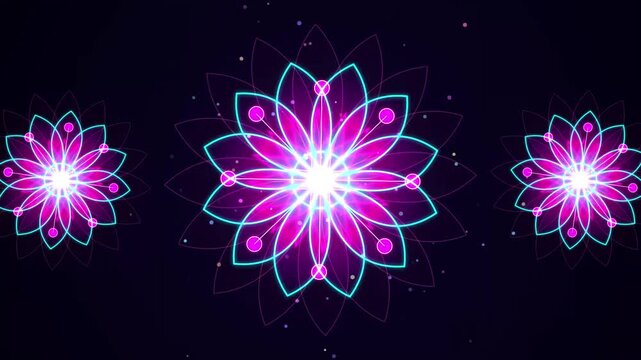 Animated glowing floral patterns with subtle bokeh effect on a dark background creating a mesmerizing visual