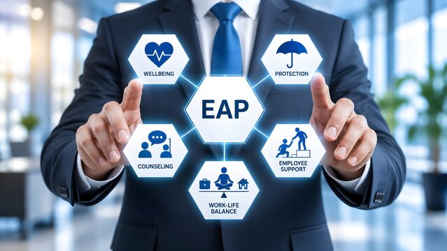 Employee assistance program EAP concept with businessman touching glowing digital hexagonal icons for corporate wellbeing