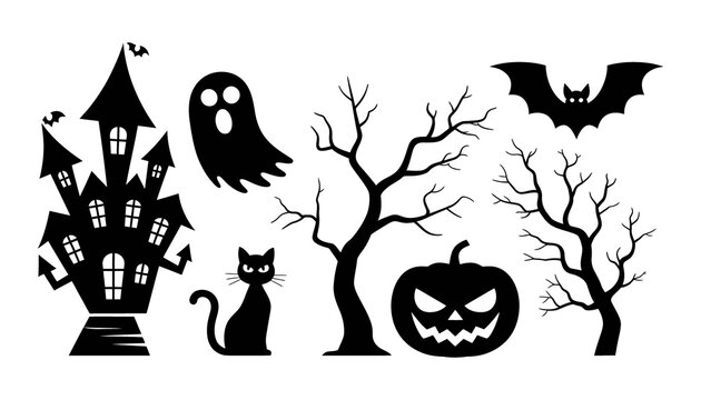 Black silhouette collection of halloween including haunted house ghost cat bat pumpkin and bare trees