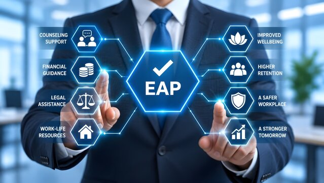 Businessman analyzing EAP employee assistance program benefits digital dashboard with glowing hexagonal connection nodes