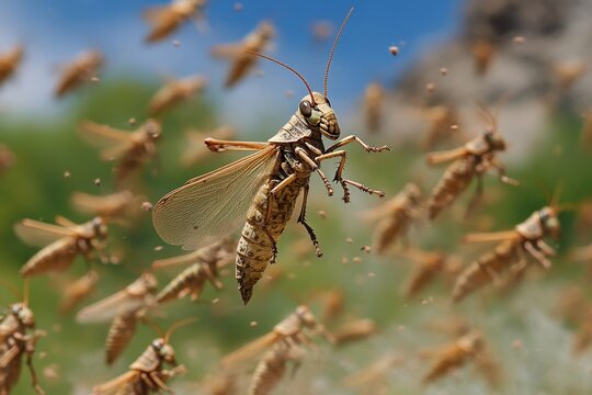 Close-up of a locust in mid-flight with swarm in background, highlighting the insect's intricate anatomy and the chaos of a locust invasion