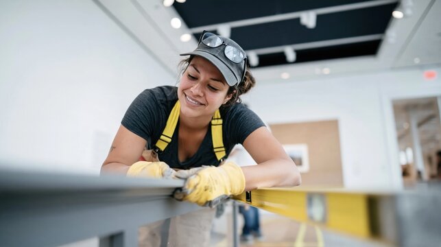 Exhibition case being leveled by a professional with a yellow tool, featuring matte grey surfaces in a quiet gallery for museum design and curation