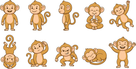 Fototapeta premium Cute Monkey Cartoon Character Set in Different Poses Eating Banana Sleeping and Hanging Flat Vector Illustration Collection