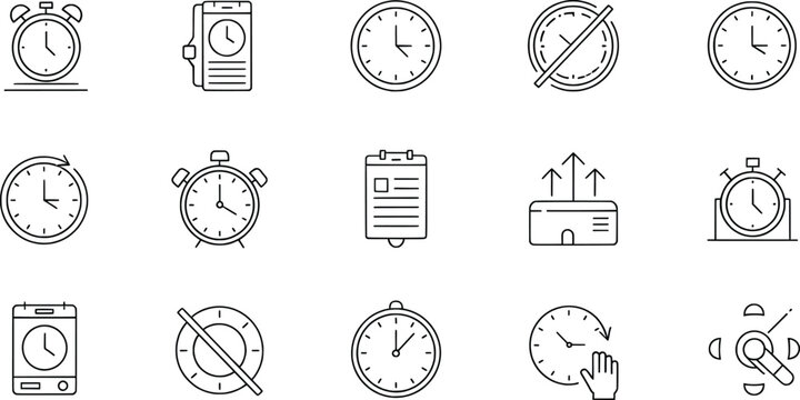 Time icons collection, clock vector illustration, stopwatch and wristwatch graphics, alarm design symbols, scheduling outline art, time management tools