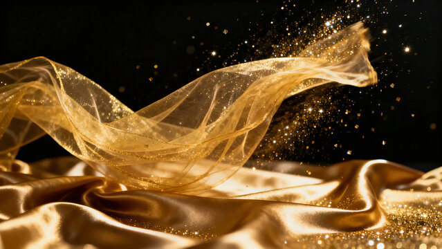 Flowing Gold Silk and Chiffon Dress with Glitter Sparkles on Black Background