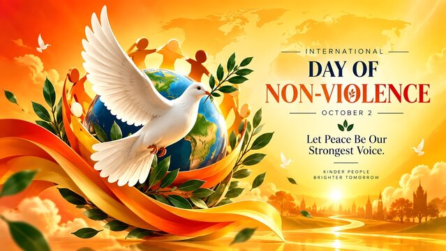 International day of non-violence with soaring dove over globe and golden light