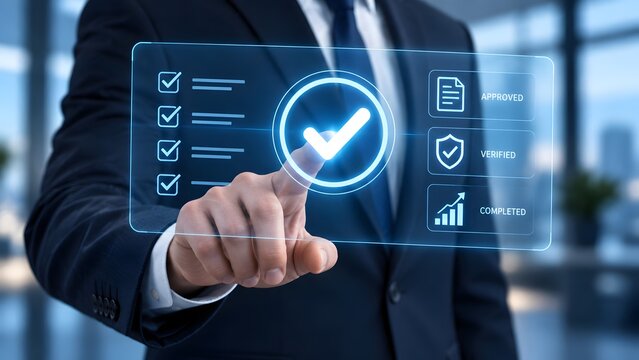 Businessman touching digital screen with checkmark and approval status representing quality assurance and verification