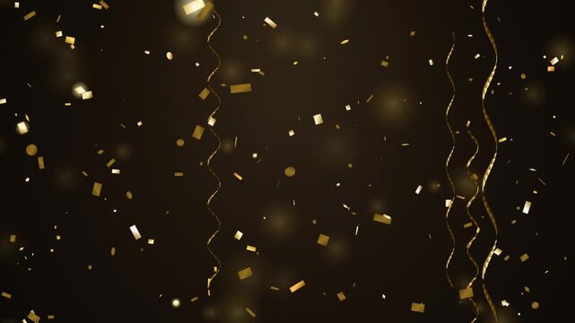 Golden confetti streamers falling gently in dark atmospheric background with copy space