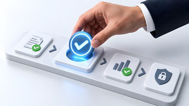 Hand placing blue checkmark button into workflow dashboard completing task verification and security process