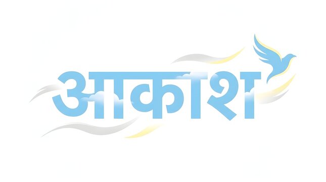 Blue hindi calligraphy text "Aakash" with cloud elements and a flying dove in light colors.