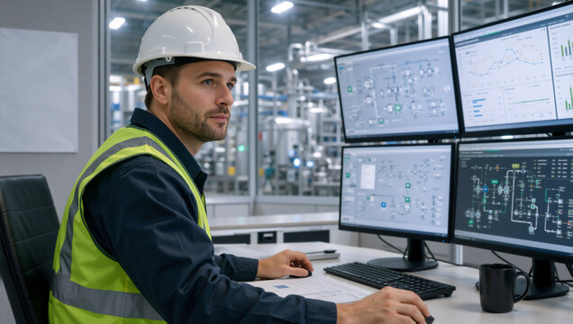 Industrial engineer in safety vest monitoring plant operations. Male technician working with multiple screens in factory control room