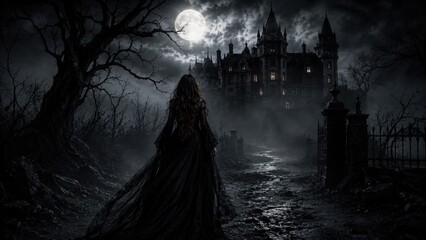 Obraz premium Gothic Woman Approaching Haunted Castle Beneath Full Moon Night