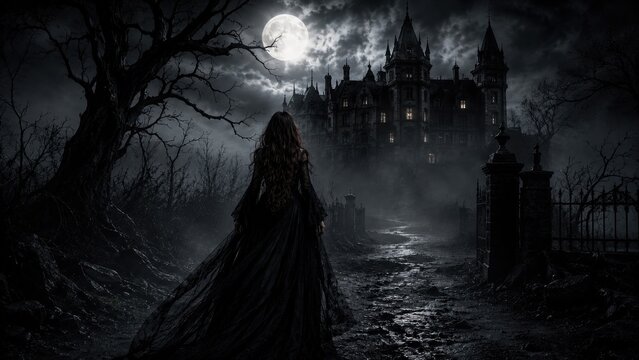 Gothic Woman Approaching Haunted Castle Beneath Full Moon Night
