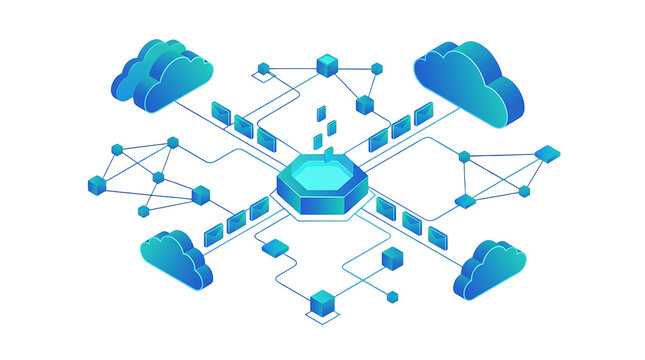 Isometric cloud computing network connection diagram
