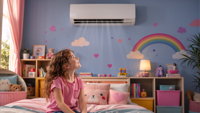 Young girl looking up at a wall mounted air conditioner in her bedroom. Child enjoying cool air flow in a colorful decorated room