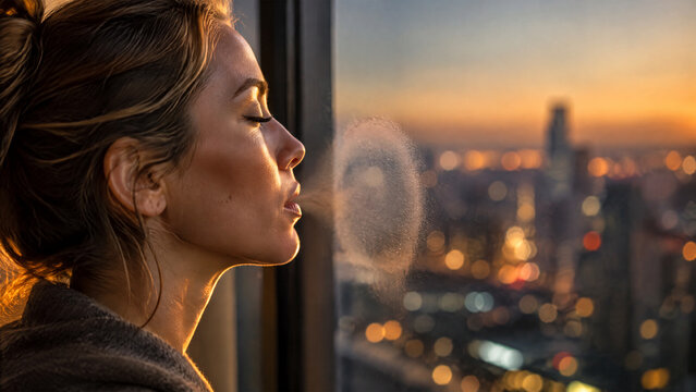 Young woman exhaling a cloud of vapor against a window overlooking a blurred cityscape at sunset