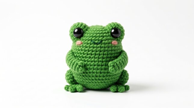 Cute green crochet frog plushie toy sitting isolated on a white background