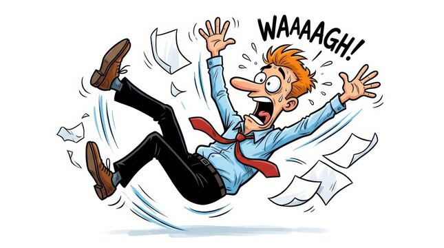 Funny Cartoon Illustration of a Stressed Businessman Falling Down with Papers Flying Around