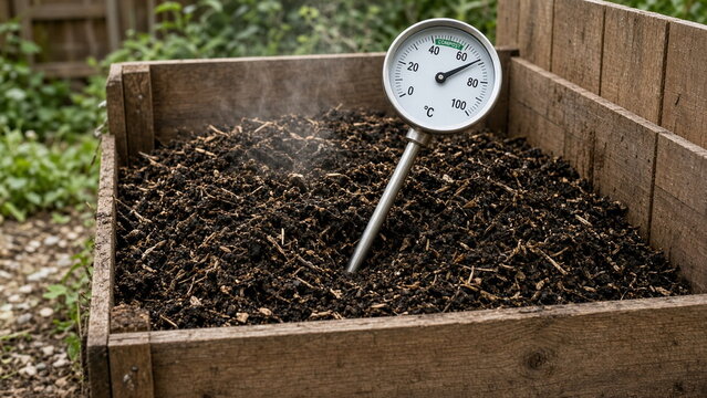 Compost thermometer inserted in backyard compost bin