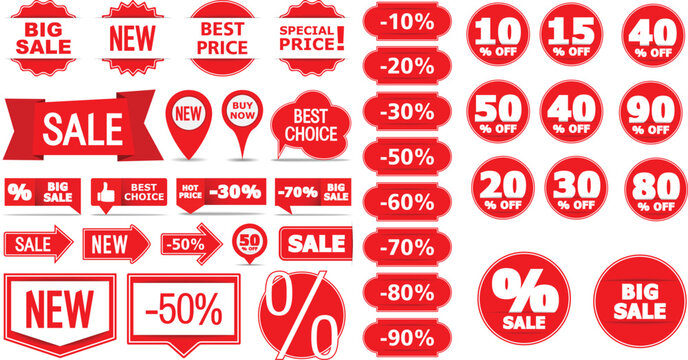Red Promotional Retail Badge Vector Set with Discount Labels, Sale Stickers, Percentage Off Badges, Folded Ribbons, Map Pins, Speech Bubbles, and Call-to-Action Tags for E-commerce Marketing Design