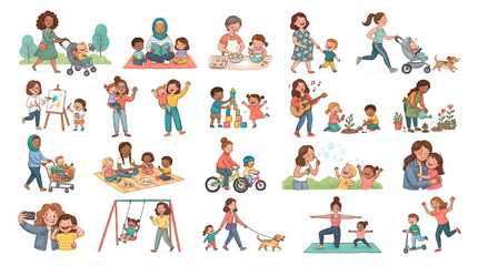 Fototapeta premium Diverse children and adults engaging in playful learning activities in colorful classroom setting with copy space
