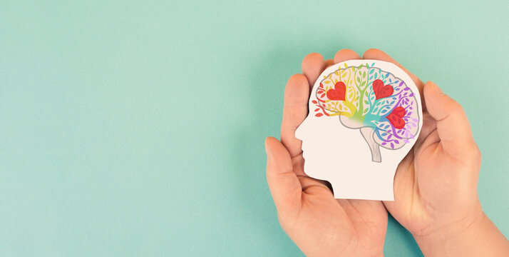 Mental health day, mind with heart and colorful tree, neurodiversity autism, emotional intelligence, kindness, empathy and support, positive thoughts, human brain