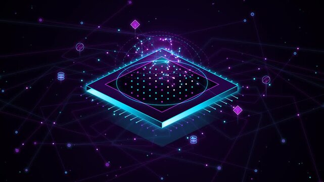 Futuristic Data Processor Chip Animation with Glowing Digital Node Connections on Dark Grid Backgrou