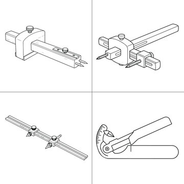 Assorted dual pin marking gauges and metal compass scribers in vector line art style.