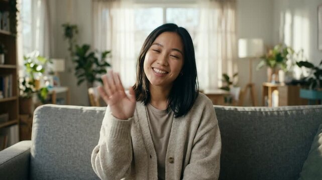 Joyful woman waves toward viewer from comfortable sofa. Smiling woman raises her hand in friendly farewell or greeting, enjoying relaxed home surroundings filled with plants and natural light.