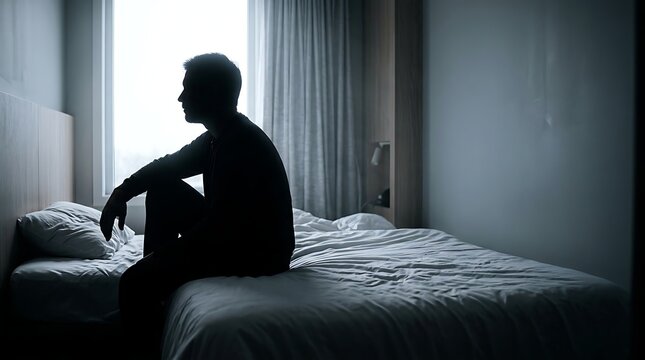 Silhouette of man sitting alone on edge of bed in front of bright window representing isolation and quiet introspection in a professional high quality atmospheric interior photography shot
