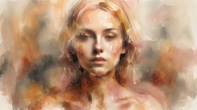 Abstract portrait of a beautiful woman constructed from colorful geometric shapes