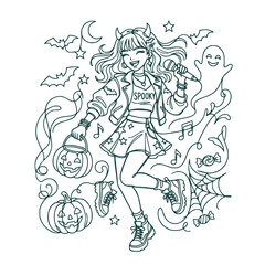 Fototapeta premium K-pop Halloween girl singing with pumpkins and ghost line art