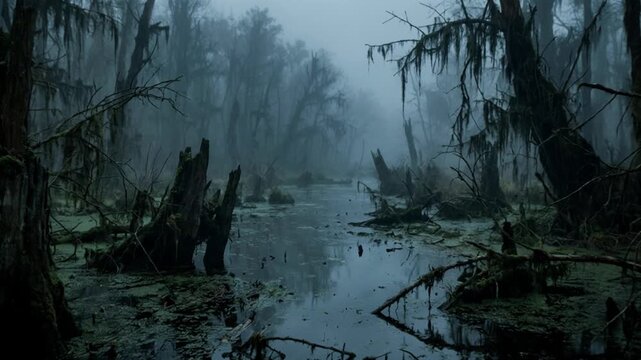 Foggy wetland surrounds cypress trees rising from stagnant water. Swamp landscape creates foreboding mood through bare branches, moss covered trunks and shadowy channels in atmospheric wilderness.