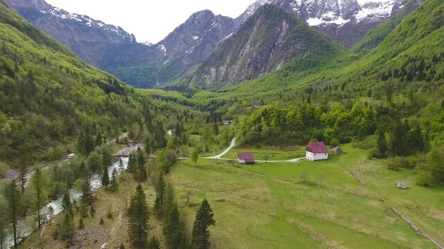 Aerial view of Soca river valley and mountains in Slovenia.