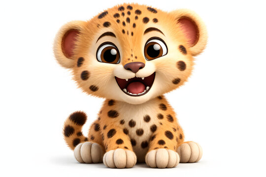 Cute cartoon baby leopard cub smiling with big eyes isolated on white background