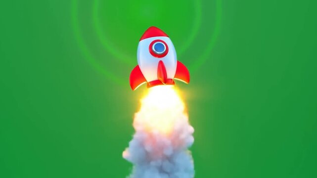 Video of a Colorful Cartoon Rocket Launching with Bright Fire and Smoke Trail Against a Green Background