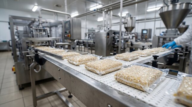 Packaged tempeh products moving on industrial conveyor system