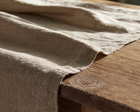 Linen runner on a worn oak table with a pressed fold, featuring tactile fabric textures for background plates and layout design