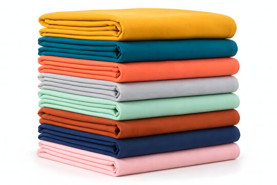 Stack of neatly folded colorful cotton fabrics in yellow, teal, orange, gray and blue