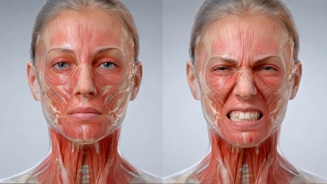 Facial muscle anatomy showing relaxed and contracted expressions in detailed medical comparison