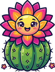 Fototapeta premium Cute cartoon cactus blooming a happy smiling flower character against a white background