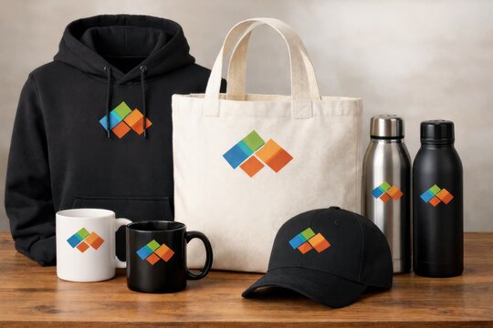 Branded promotional merchandise mockup with apparel drinkware bag and accessories for identity design
