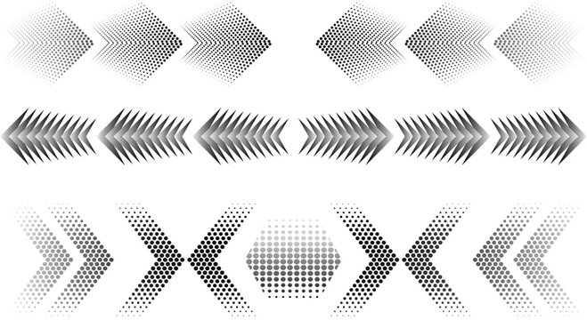 Set of halftone arrow and chevron shapes, abstract design elements for graphic design, web, and ui